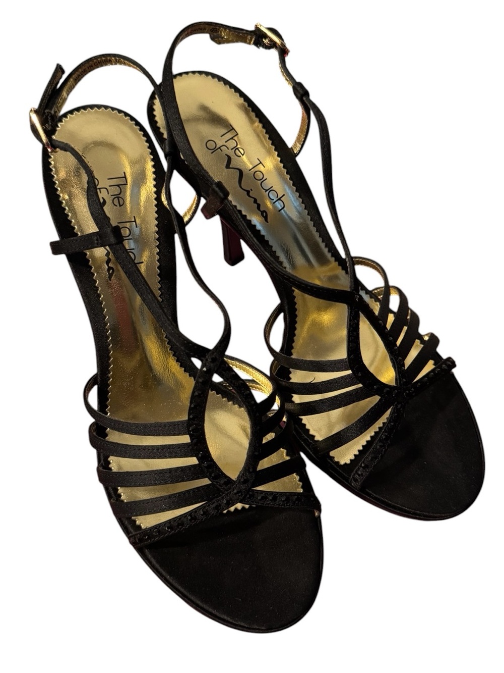 Touch of Nina “Gallery” in Black w/ Rhinestones Strappy Stiletto Heeled Shoes